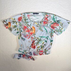 Zara Basic Floral with Stripes Blouse‎ Size Small Tie Front Slanted Buttons.